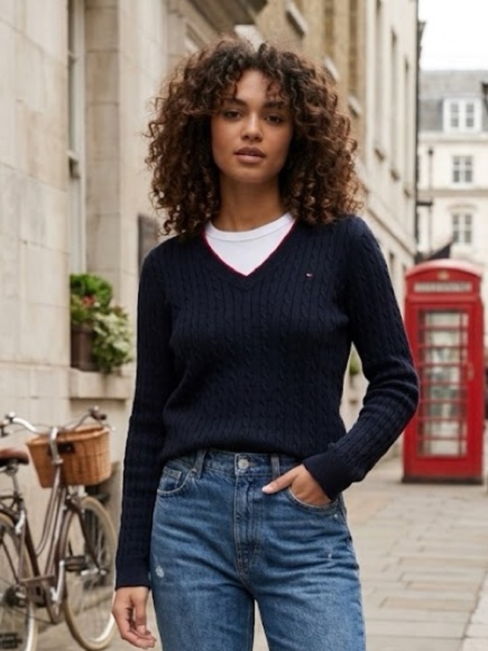 Tommy Hilfiger Women’s Navy V-Neck Cable Knit Sweater with Red Trim